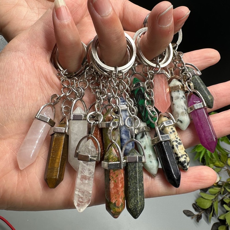 Crystal Keychain Supplier - Natural Quartz Hexagonal Column Handmade Double Point Keychain