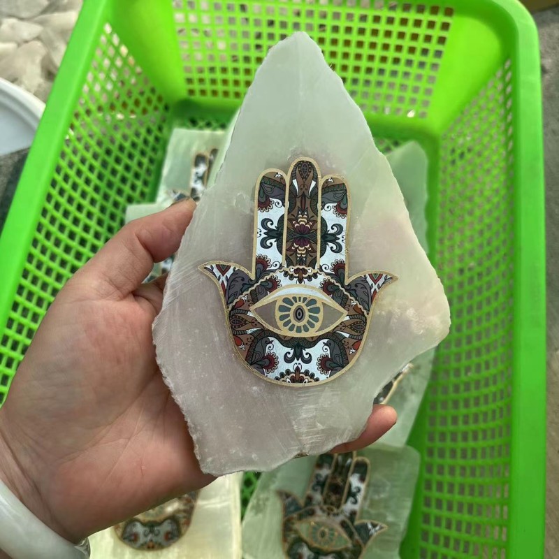 Raw Gemstone Supplier - Hot Sale Natural Raw Healing Stones Selenite Slab Hamsa Hand