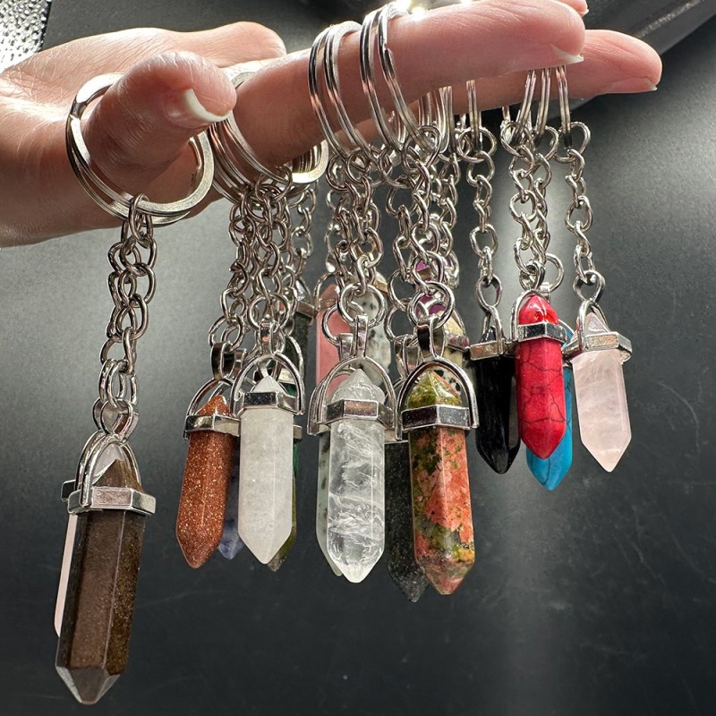 Crystal Keychain Supplier - New Arrival Natural Rose Quartz Point Malachite Bullet Keychain