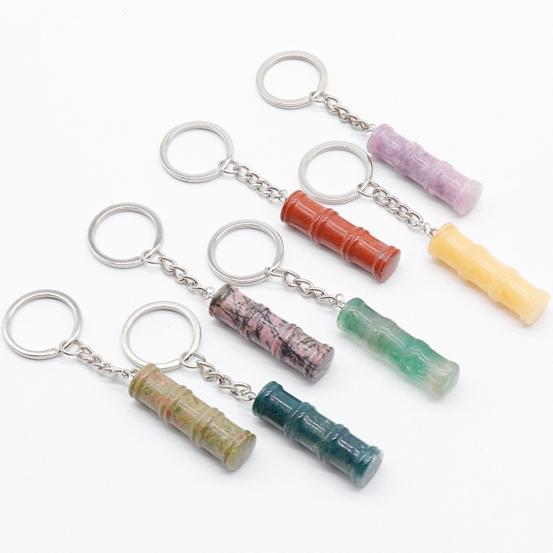 Bamboo Keychain Factory - Carved Bamboo Joint Shape Healing Crystal Stone Key Rings