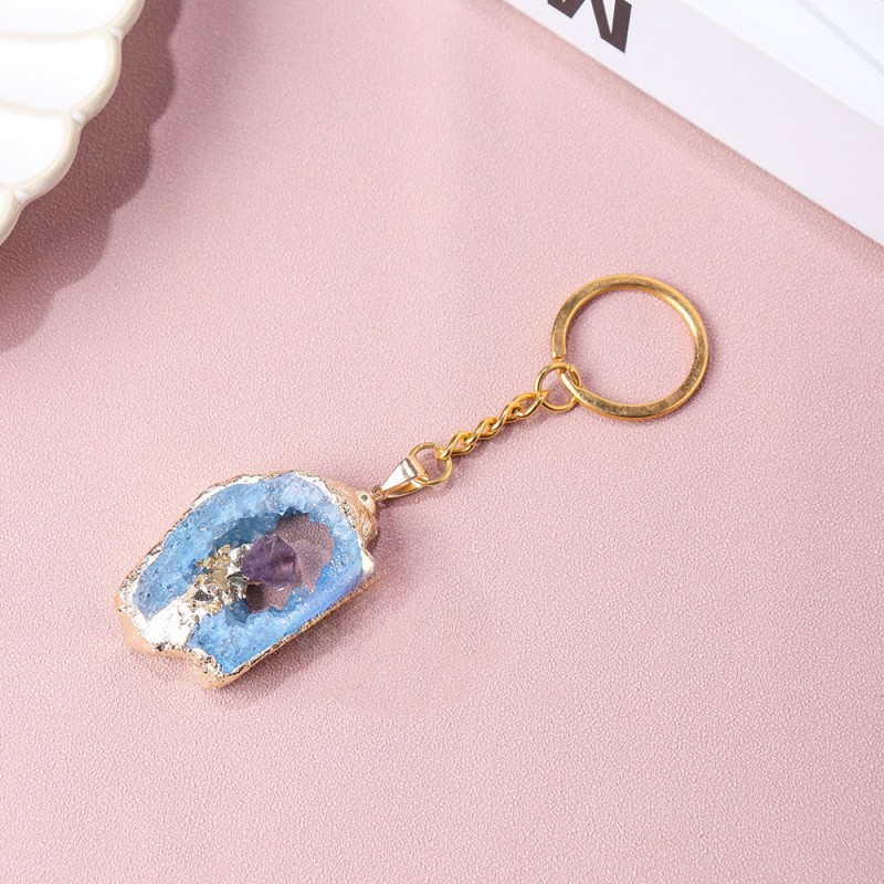 Gemstone Keychain Supplier - New Arrivals Healing Gemstone Raw Amethyst Gold Edge Keychain