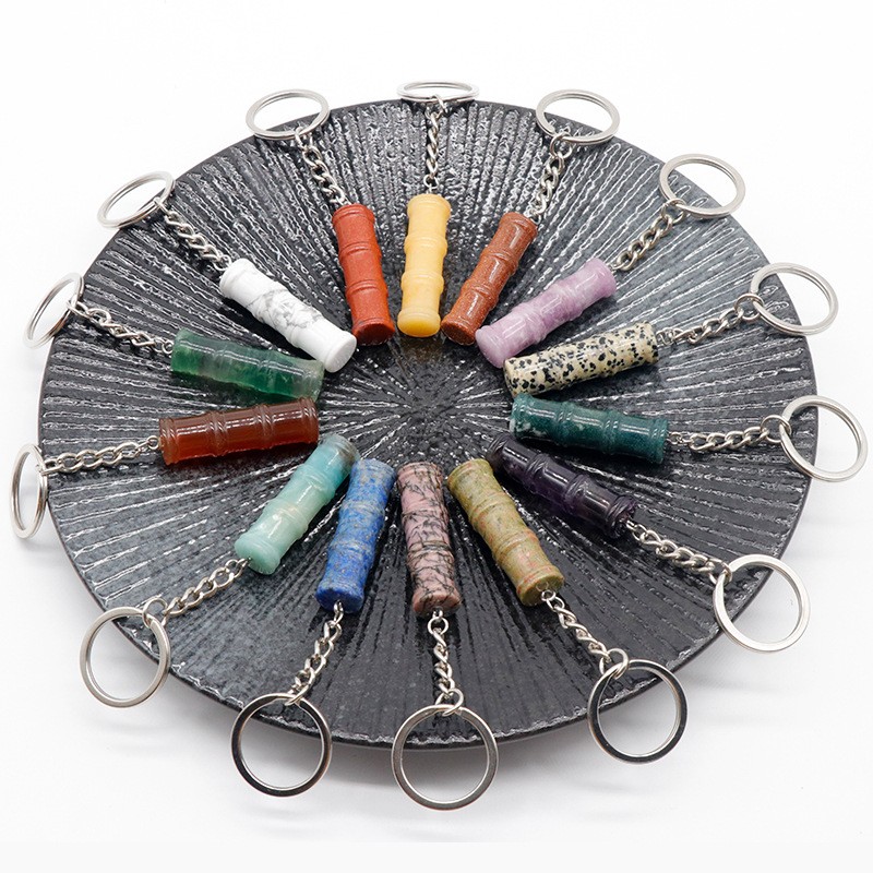 Bamboo Keychain Factory - Carved Bamboo Joint Shape Healing Crystal Stone Key Rings