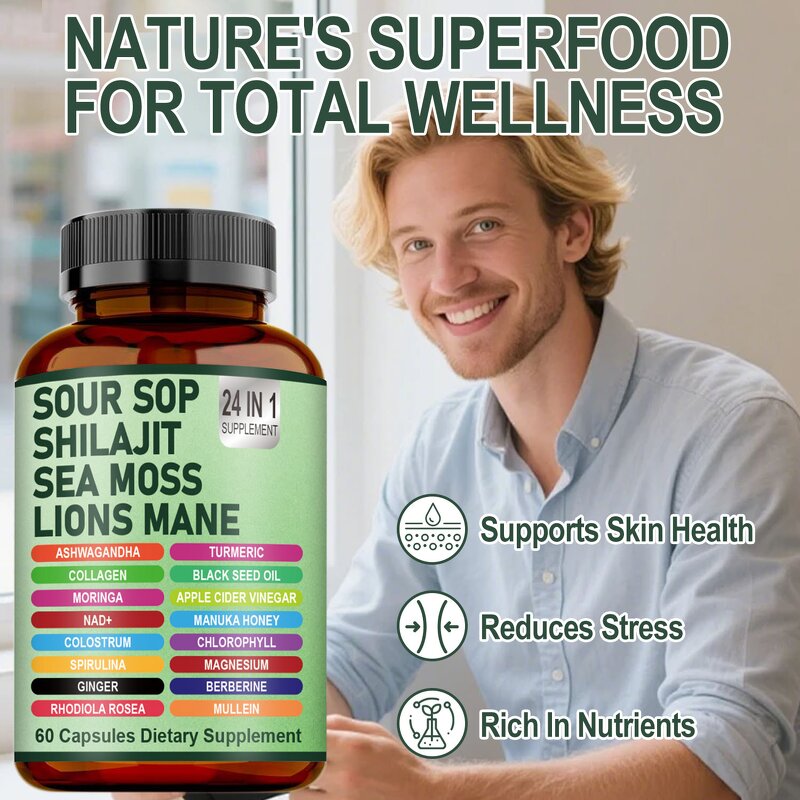 Sour Sop Supplement Manufacturer - 60 Capsules with L-Theanine & Ashwagandha for Energy, Private Label