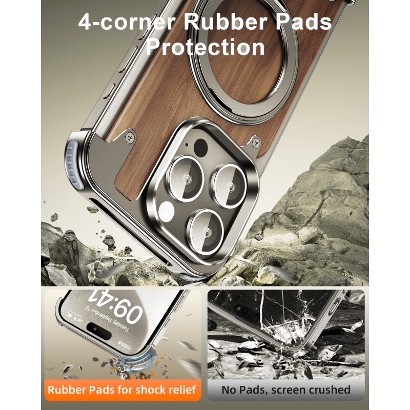 Phone Case Factory - Walnut Wood Metal Ring Stand Magnetic Cover