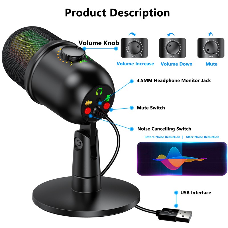 USB Microphone Manufacturer - RGB Mute Noise Reduction Gaming Mic