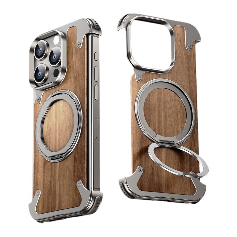 Phone Case Factory - Walnut Wood Metal Ring Stand Magnetic Cover