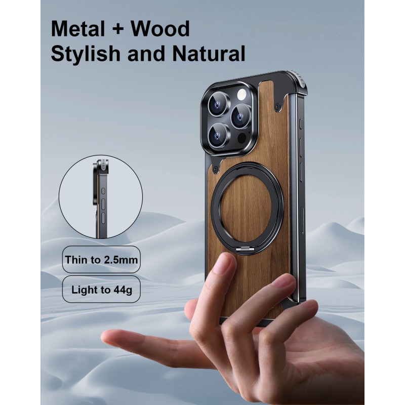 Phone Case Factory - Walnut Wood Metal Ring Stand Magnetic Cover