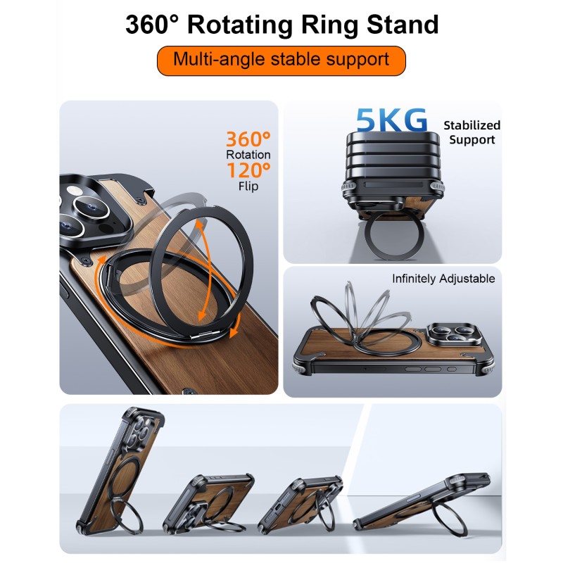 Phone Case Factory - Walnut Wood Metal Ring Stand Magnetic Cover
