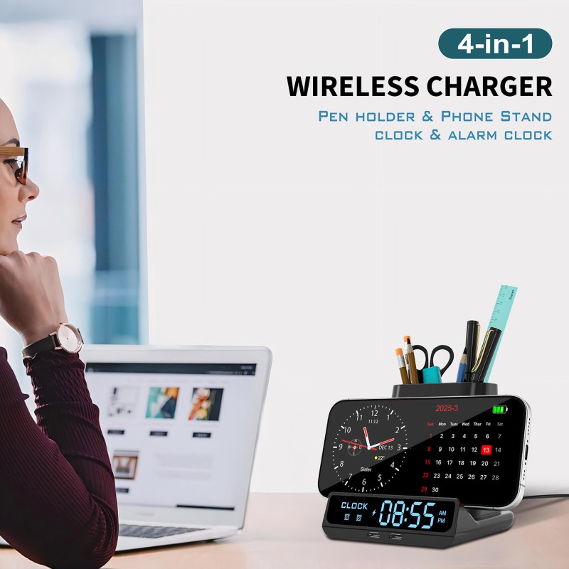 Qi Charger Supplier - 15W 3-in-1 Pen Holder Alarm Clock Station