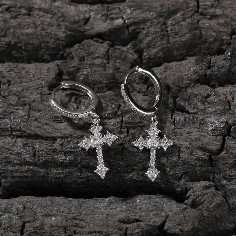 Cross Earring Factory - In Stock 925 Sterling Silver Hiphop Zircon 18K Gold Plated Cross