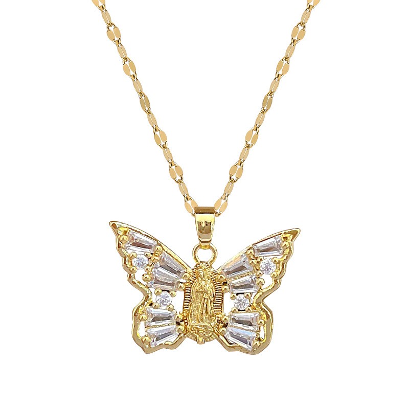 Butterfly Necklace Supplier - Luxury Gold Plated Crystal Zircon Butterfly Virgin Mary Pendant