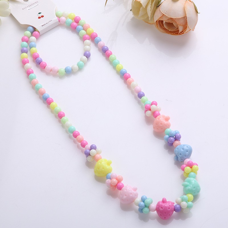 Korean Set Supplier - 2pcs/set Korean Girls Candy Color Necklace Children's Plastic Beaded Set