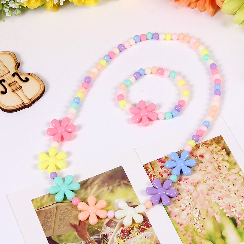 Korean Set Supplier - 2pcs/set Korean Girls Candy Color Necklace Children's Plastic Beaded Set