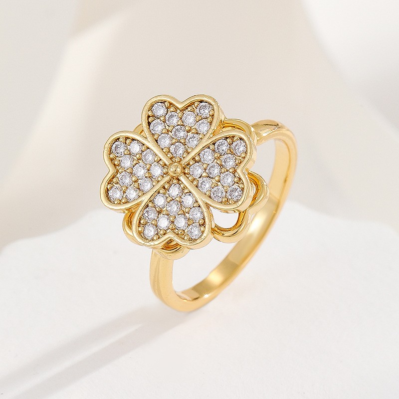 Lucky Grass Ring Supplier - 18K Real Gold Color Lucky Grass Diamond Ring Rotatable Adjustable
