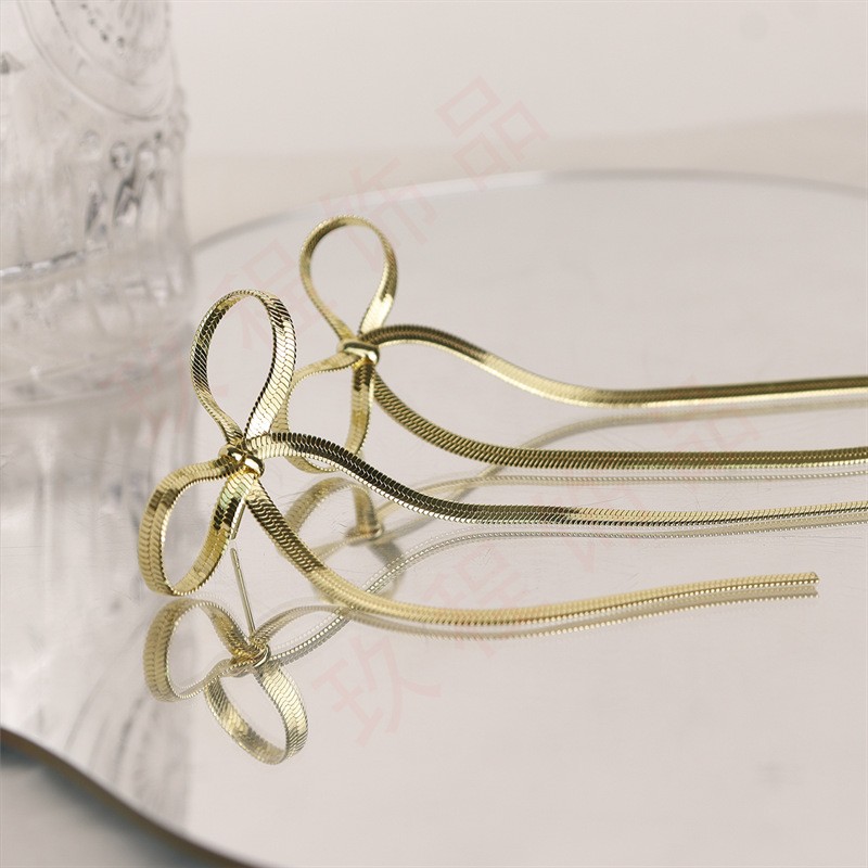Bow Earrings Factory - Wholesale Lightweight Stainless Steel Bow 18k Gold Plated Tassel Earring