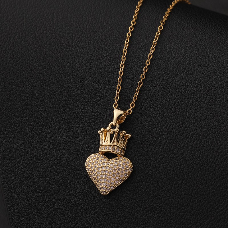 Heart Crown Manufacturer - Waterproof Non-fade Copper Plated Gold Heart Crown Clavicle Chain