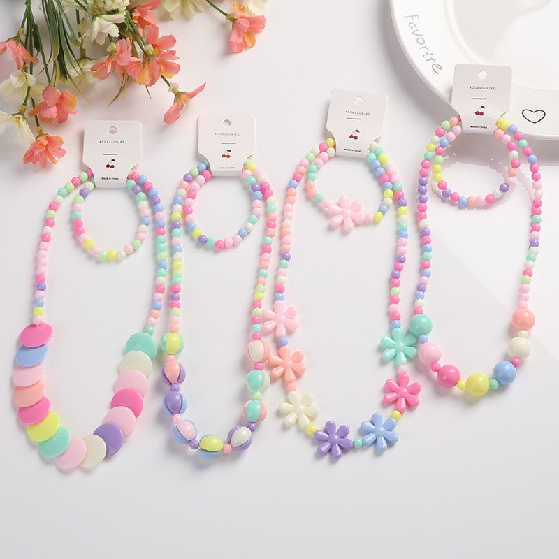 Korean Set Supplier - 2pcs/set Korean Girls Candy Color Necklace Children's Plastic Beaded Set