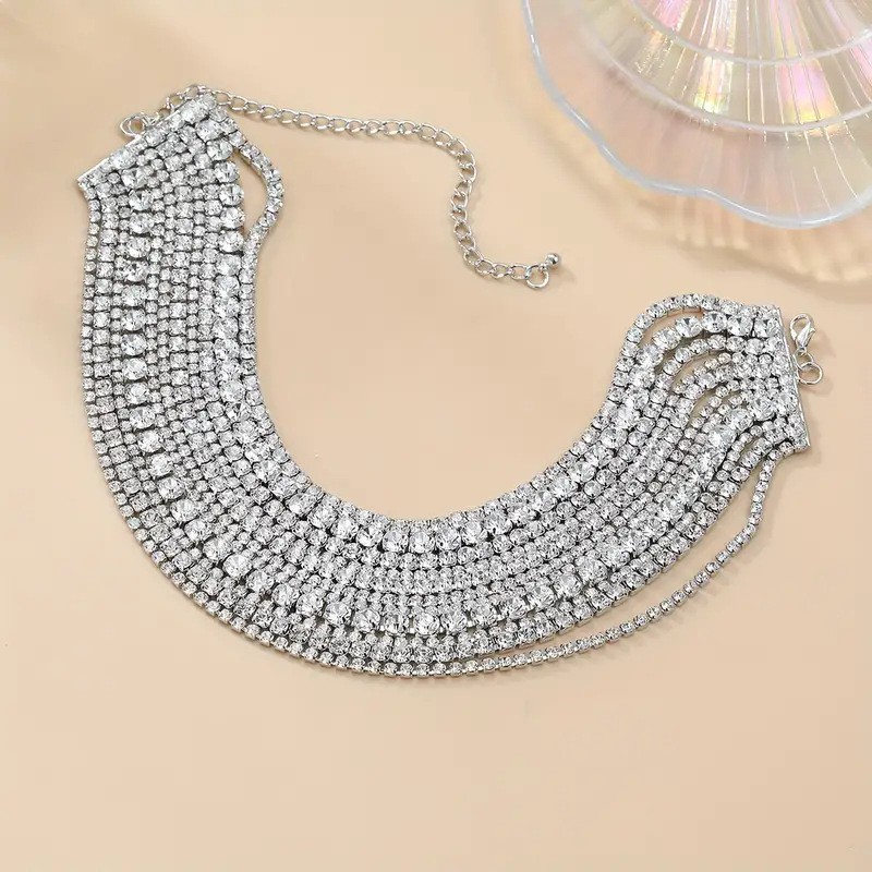 Rhinestone Necklace Manufacturer - Women's Sparkling Multi-Rhinestone Gold Silver Crystal Choker