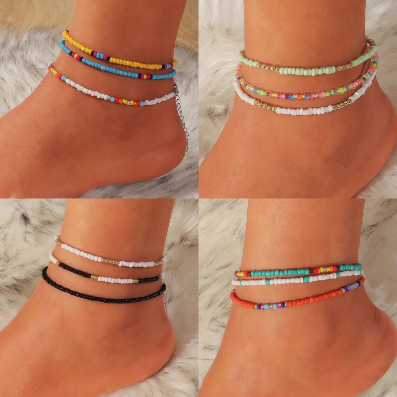 Beaded Anklets Manufacturer - High Quality 3pcs/set Colorful Beaded Letter Anklets for Women