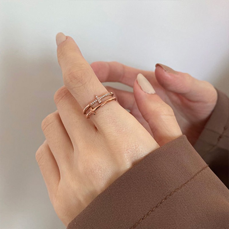 Finger Rings Manufacturer - Trendy Double Cross Stainless Steel CZ Zircon Diamond Jewelry