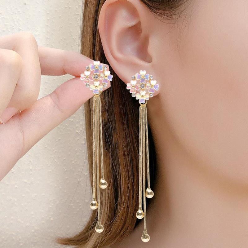 Flower Tassel Manufacturer - S925 Silver Needle Temperament Long Flower Tassel Drop Earrings