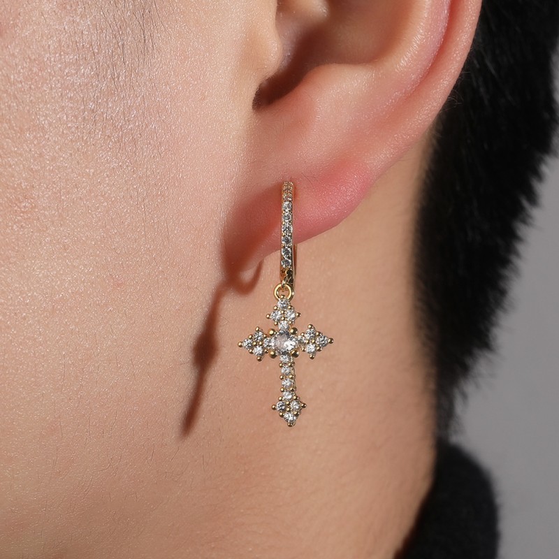 Cross Earring Factory - In Stock 925 Sterling Silver Hiphop Zircon 18K Gold Plated Cross