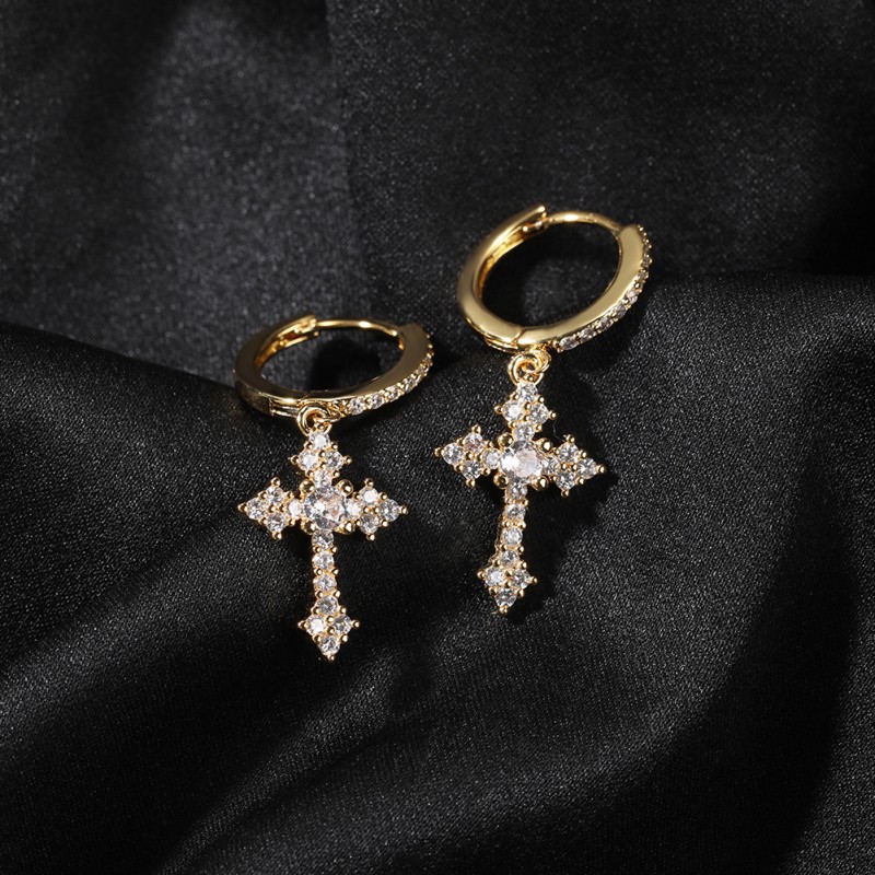 Cross Earring Factory - In Stock 925 Sterling Silver Hiphop Zircon 18K Gold Plated Cross