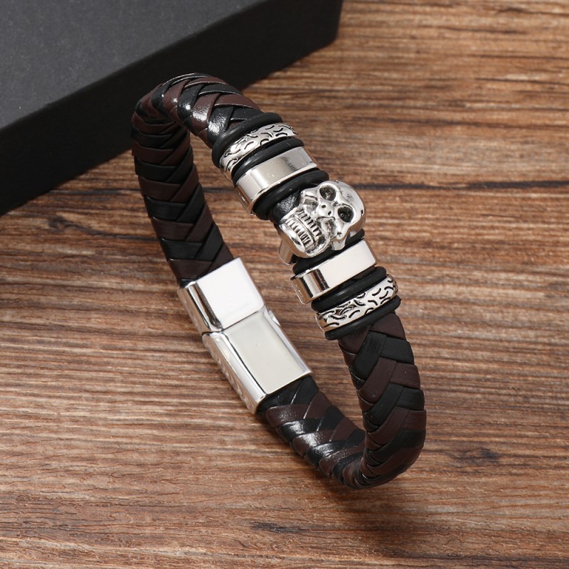 Leather Bracelet Supplier - New Creative Woven Leather Hip Hop Punk Men's Skull Magnetic Bracelet