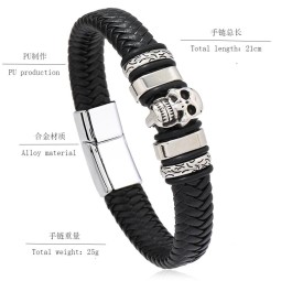 Leather Bracelet Supplier - New Creative Woven Leather Hip Hop Punk Men's Skull Magnetic Bracelet