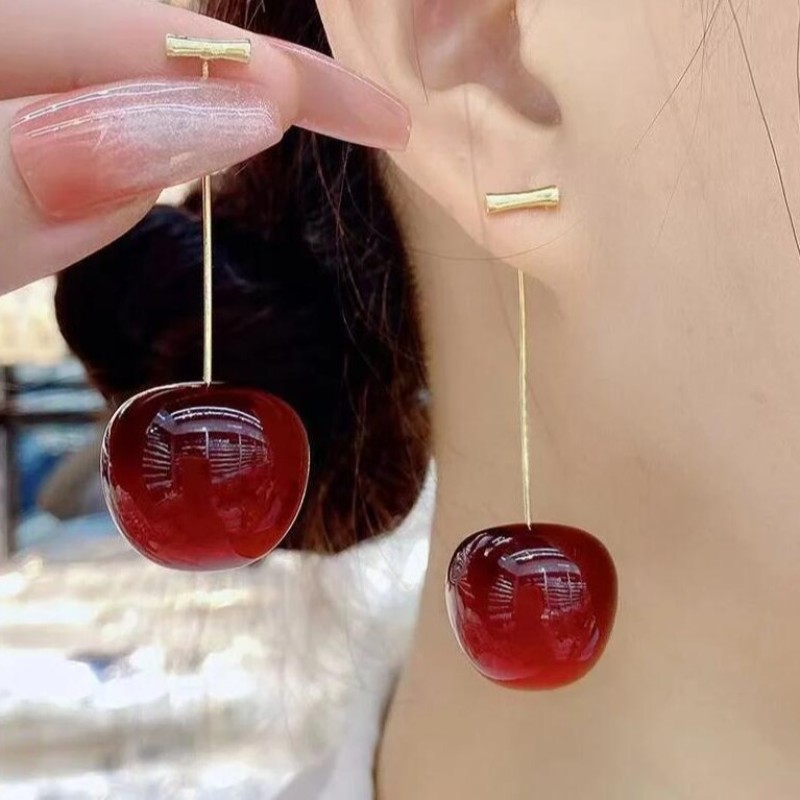 Cherry Earrings Supplier - Creative Fashion S925 Silver Needle Cherry Fruit Pendant Long Earrings