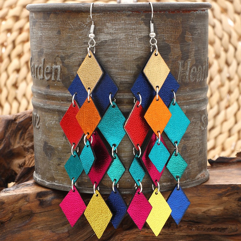 PU Leather Earrings Manufacturer - New Bohemian Style Feather Shape Tassel PU Leather Earrings
