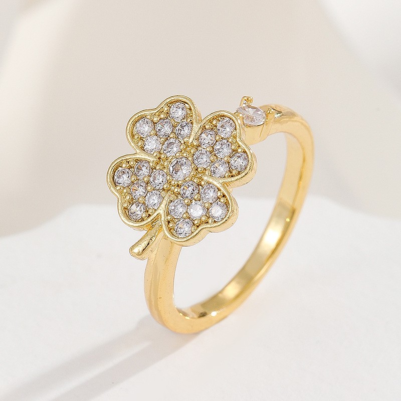 Lucky Grass Ring Supplier - 18K Real Gold Color Lucky Grass Diamond Ring Rotatable Adjustable