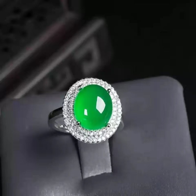 Jade Ring Supplier - Natural Ice Seed Greenstone Ring 925 Silver 18K White Gold Adjustable