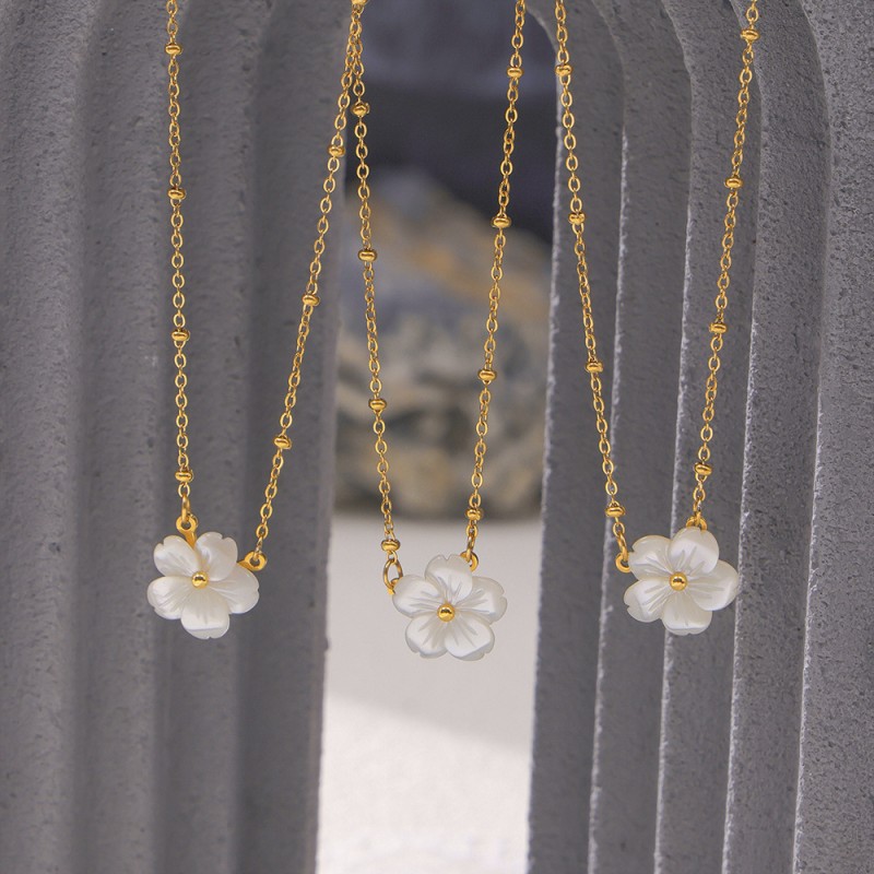 Gold Plated Necklace Supplier - In Stock 18k Gold Plated Stainless Steel Shell Flower Necklace