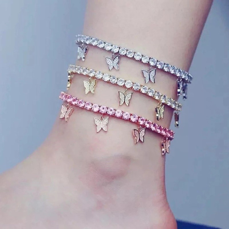 Butterfly Anklet Supplier - Butterfly Stainless Steel Anklet Rhinestone Cuban Chain Foot Jewelry