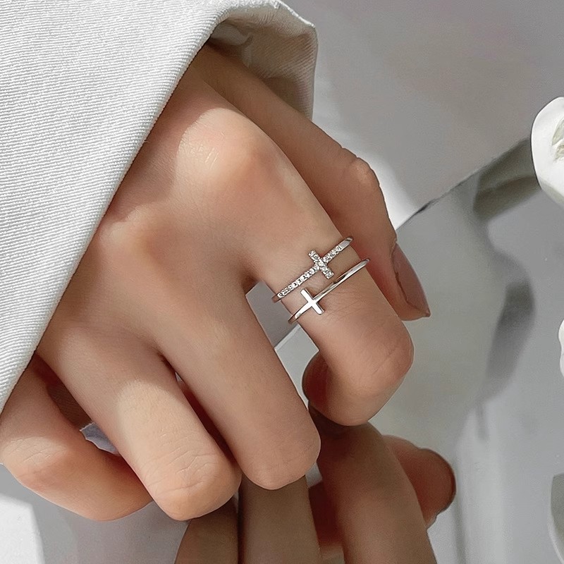 Finger Rings Manufacturer - Trendy Double Cross Stainless Steel CZ Zircon Diamond Jewelry