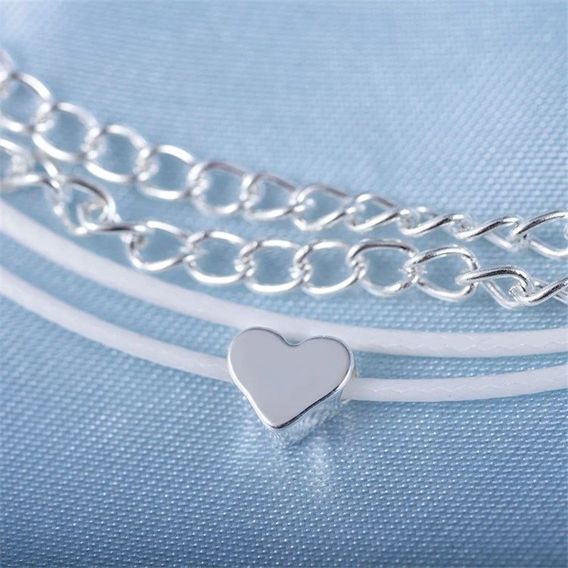 Initial Anklet Factory - Bohemian Fashion Initial Charm Anklet Heart Sterling Silver Jewelry