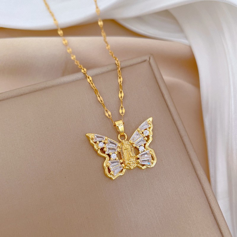 Butterfly Necklace Supplier - Luxury Gold Plated Crystal Zircon Butterfly Virgin Mary Pendant