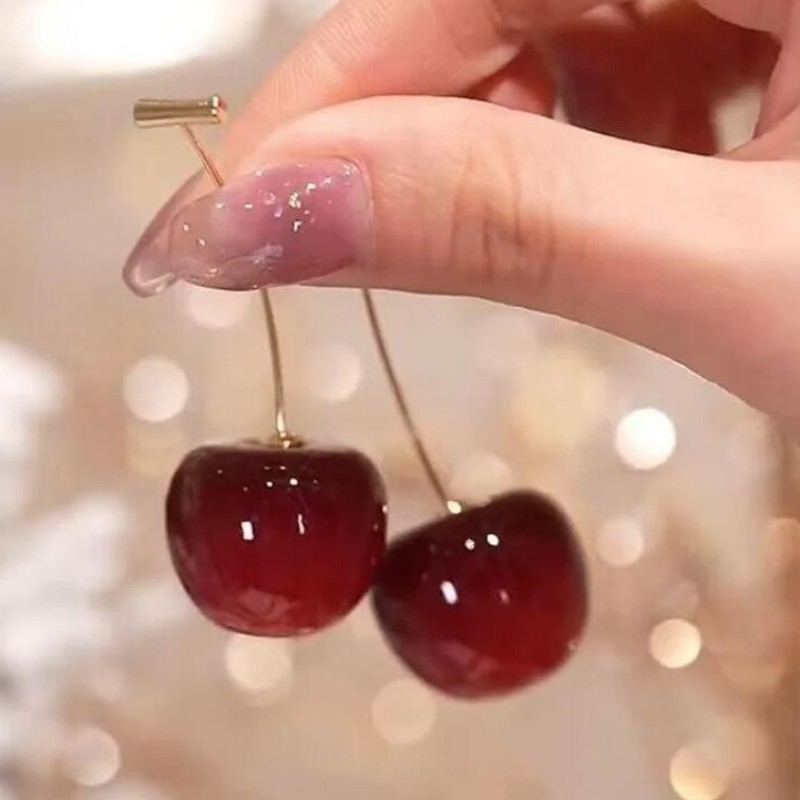 Cherry Earrings Supplier - Creative Fashion S925 Silver Needle Cherry Fruit Pendant Long Earrings