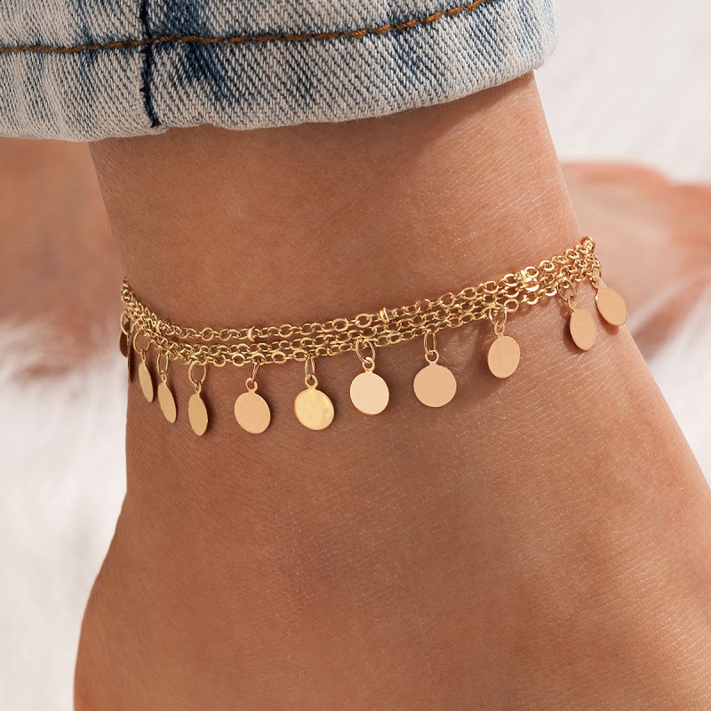 Wafer Anklet Supplier - Luxury Charms Gold Wafer Tassel Bling Anklets for Women Alloy Metal