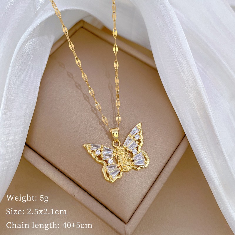 Butterfly Necklace Supplier - Luxury Gold Plated Crystal Zircon Butterfly Virgin Mary Pendant