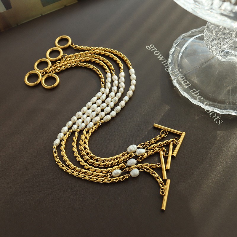 Pearl Bracelet Supplier - Non-fade Fresh Water Pearl OT Buckle Titanium Steel 18K Gold Bracelet