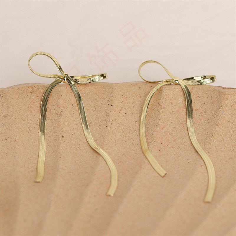 Bow Earrings Factory - Wholesale Lightweight Stainless Steel Bow 18k Gold Plated Tassel Earring