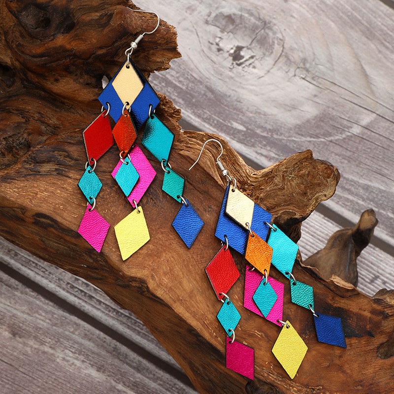 PU Leather Earrings Manufacturer - New Bohemian Style Feather Shape Tassel PU Leather Earrings