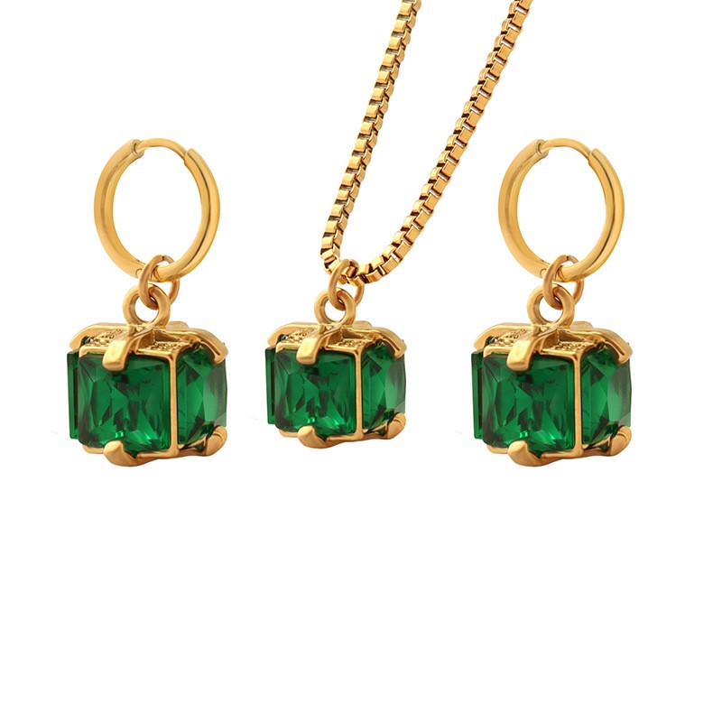Emerald Set Factory - Niche Design Luxurious Titanium Steel Emerald Zircon Necklace Earrings Set