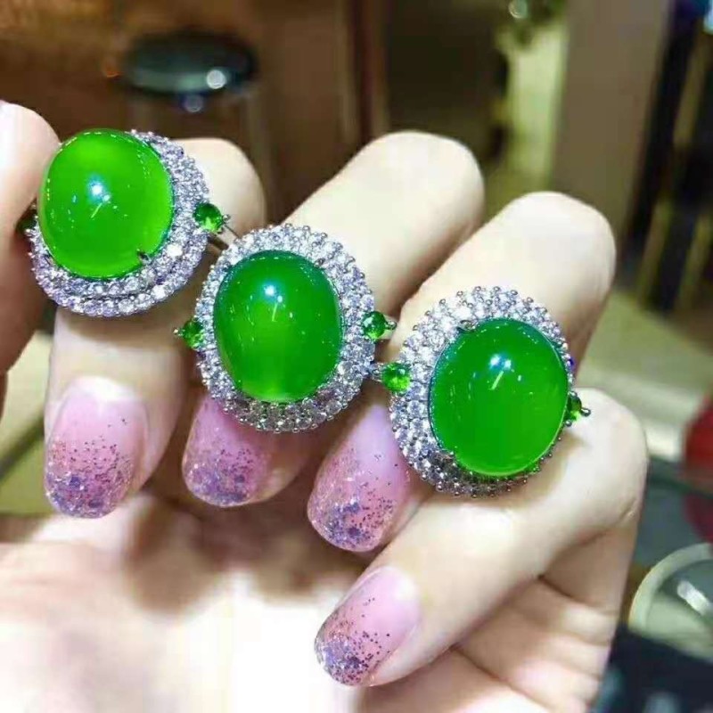 Jade Ring Supplier - Natural Ice Seed Greenstone Ring 925 Silver 18K White Gold Adjustable