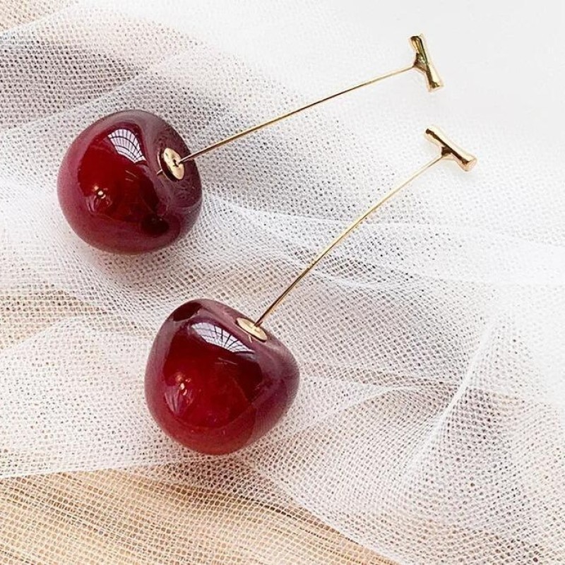 Cherry Earrings Supplier - Creative Fashion S925 Silver Needle Cherry Fruit Pendant Long Earrings