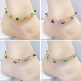Beaded Anklet Manufacturer - Wholesale Colorful Natural Stone 18k Gold Plated Stainless Steel
