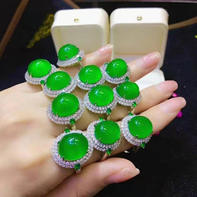 Jade Ring Supplier - Natural Ice Seed Greenstone Ring 925 Silver 18K White Gold Adjustable
