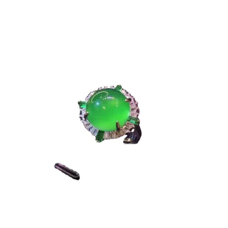 Jade Ring Supplier - Natural Ice Seed Greenstone Ring 925 Silver 18K White Gold Adjustable